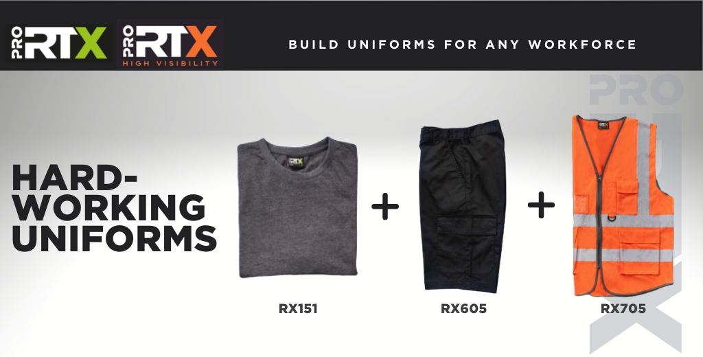 A display of three types of hard-working construction workwear, including high-visibility vests, Pro RTX T-shirt, and Pro RTX Pro Cargo Shorts, against a plain background.