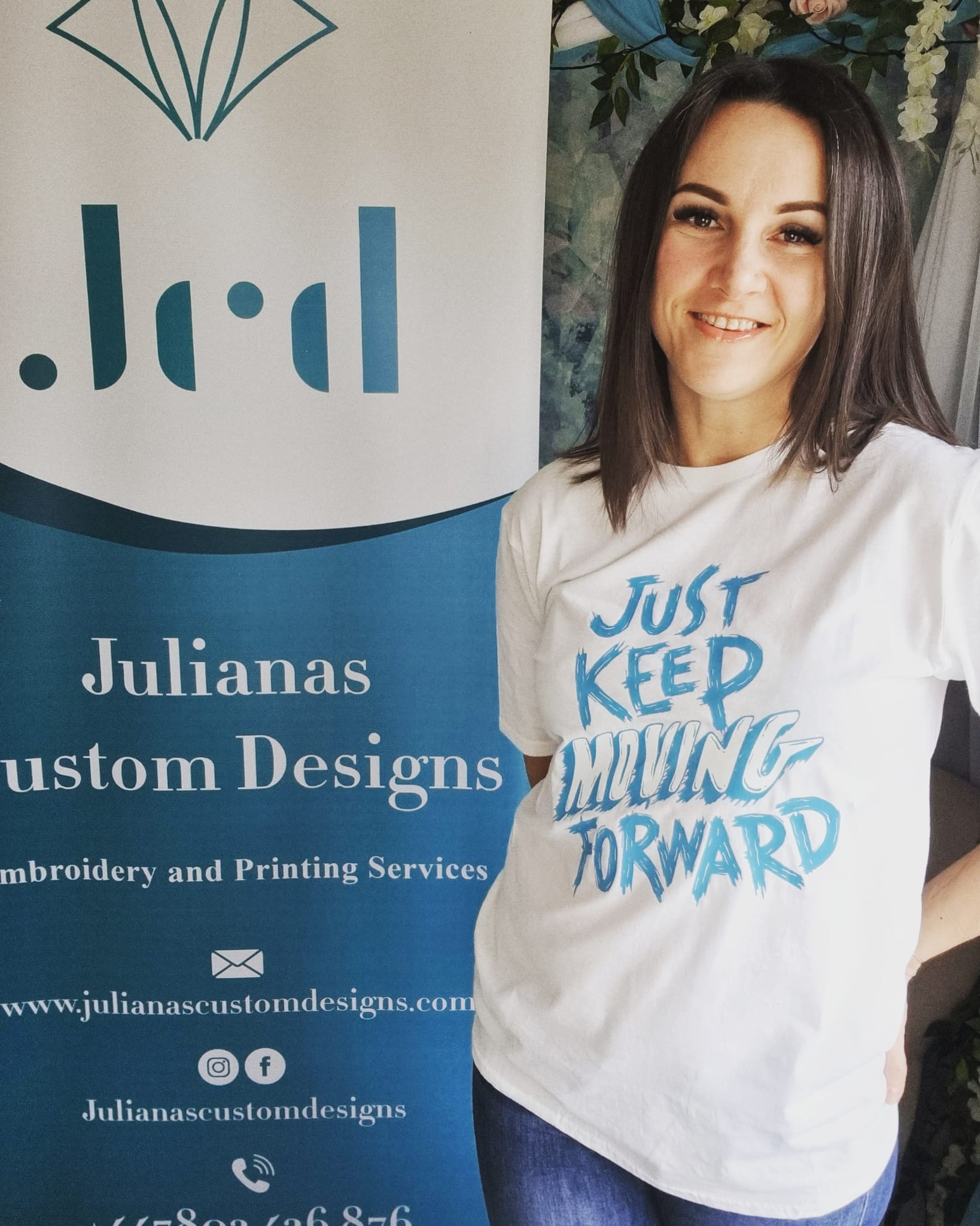 Result of DTP print on white t-shirt featuring the quote 'Just keep moving forward', with personalisation options available.