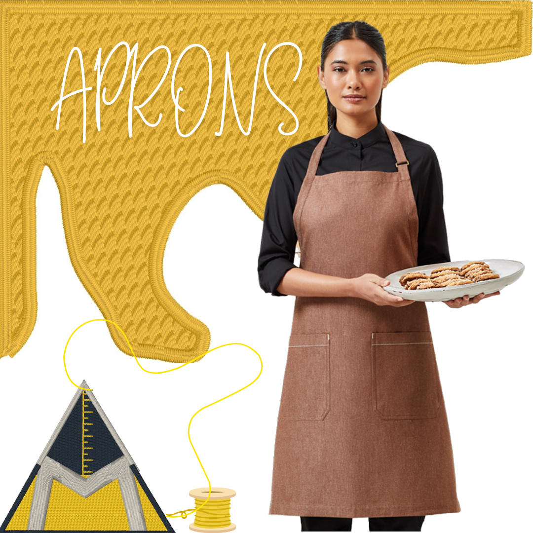 Woman wearing a long brown apron.