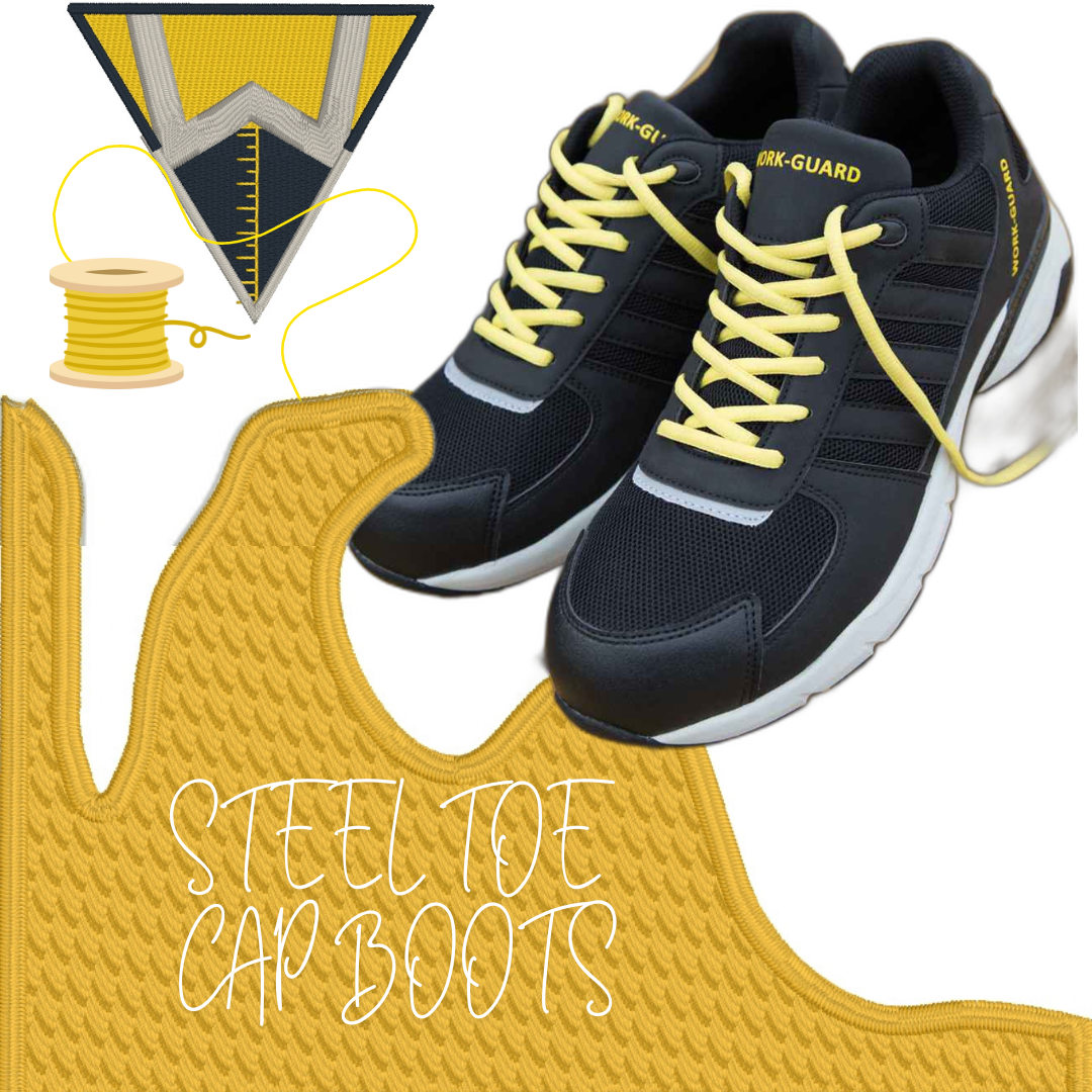 Pair of safety boots with steel toe caps, designed for protection in hazardous environments.